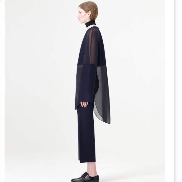 COS Silk Chiffon Top with Bonded Wool Panels in Navy - Picture 5 of 10